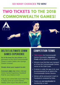 Win tickets to the gymnastics apparatus finals at the Commonwealth Games with Delta Gymnastics